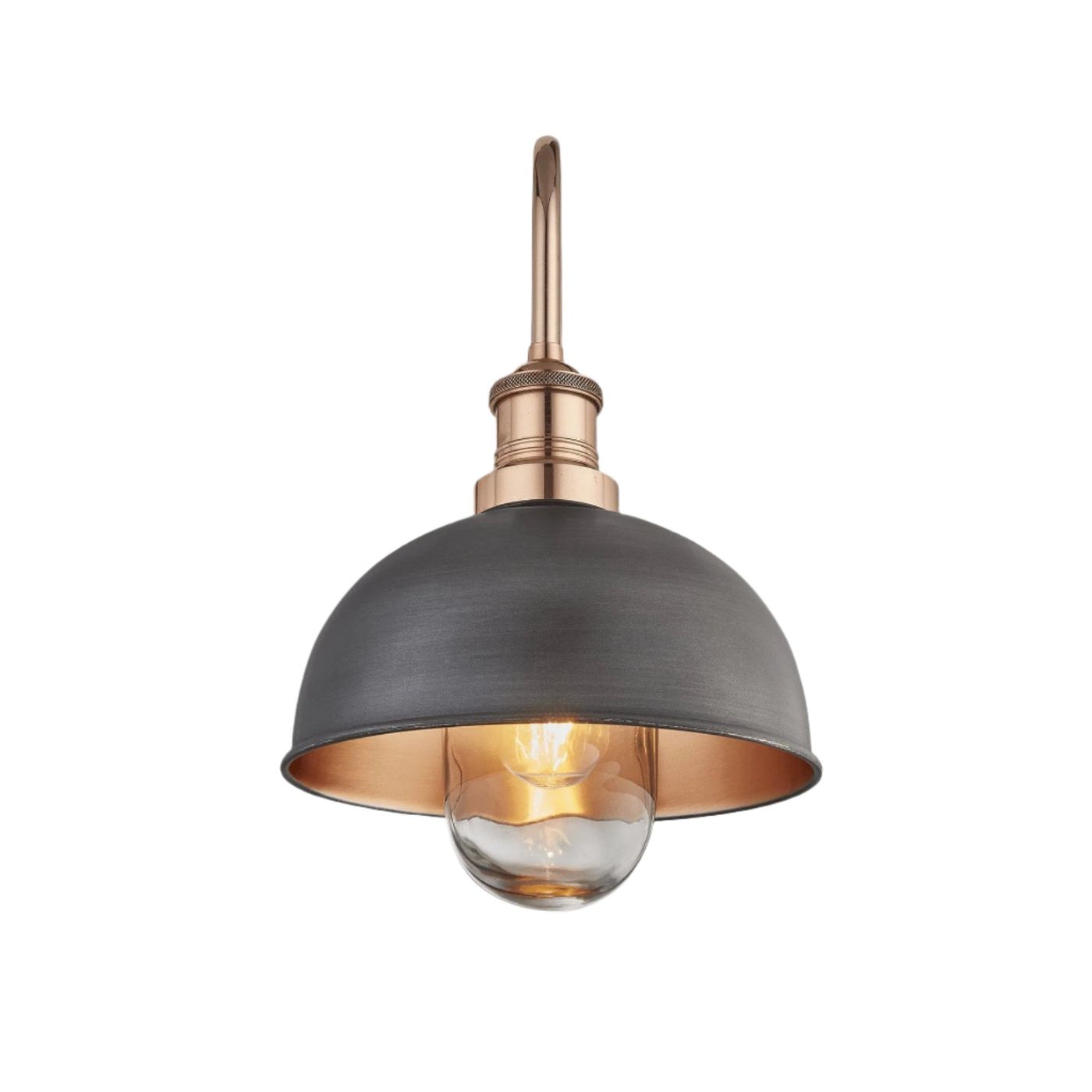 Pewter and Copper Swan Neck Outdoor & Bathroom Dome Wall Light in 8 Inch with Copper Holder, Product Code is SN-IP65-DWL8-CP-CH