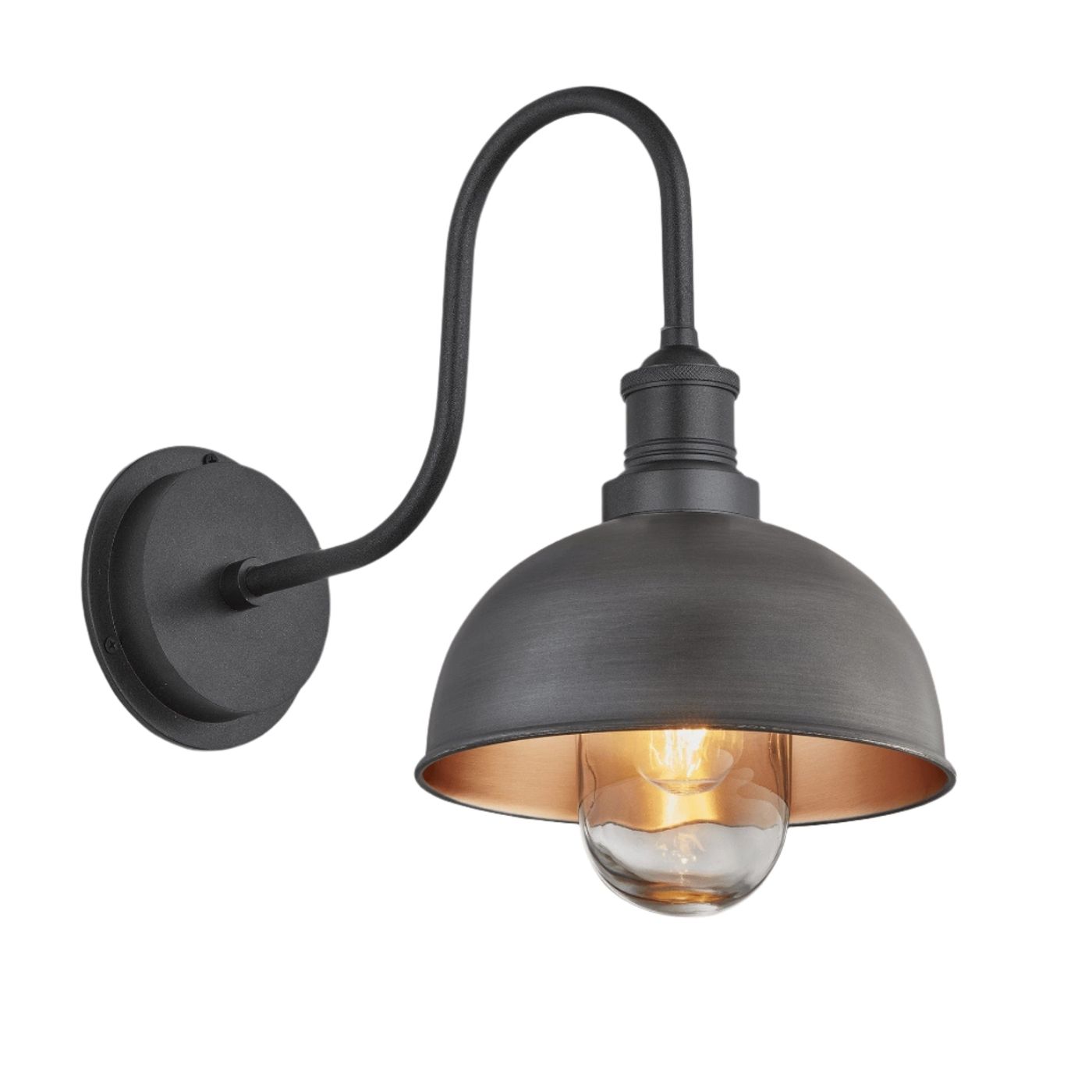 Pewter and Copper Swan Neck Outdoor & Bathroom Dome Wall Light in 8 Inch with Pewter Holder, Product Code is SN-IP65-DWL8-CP-PH