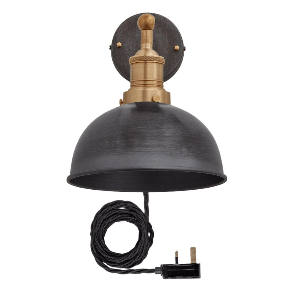 Pewter with Brass Holder with Plug Brooklyn Dome Wall Light - 8 Inch - Industville BR-DWL8-P-BH-FLWP