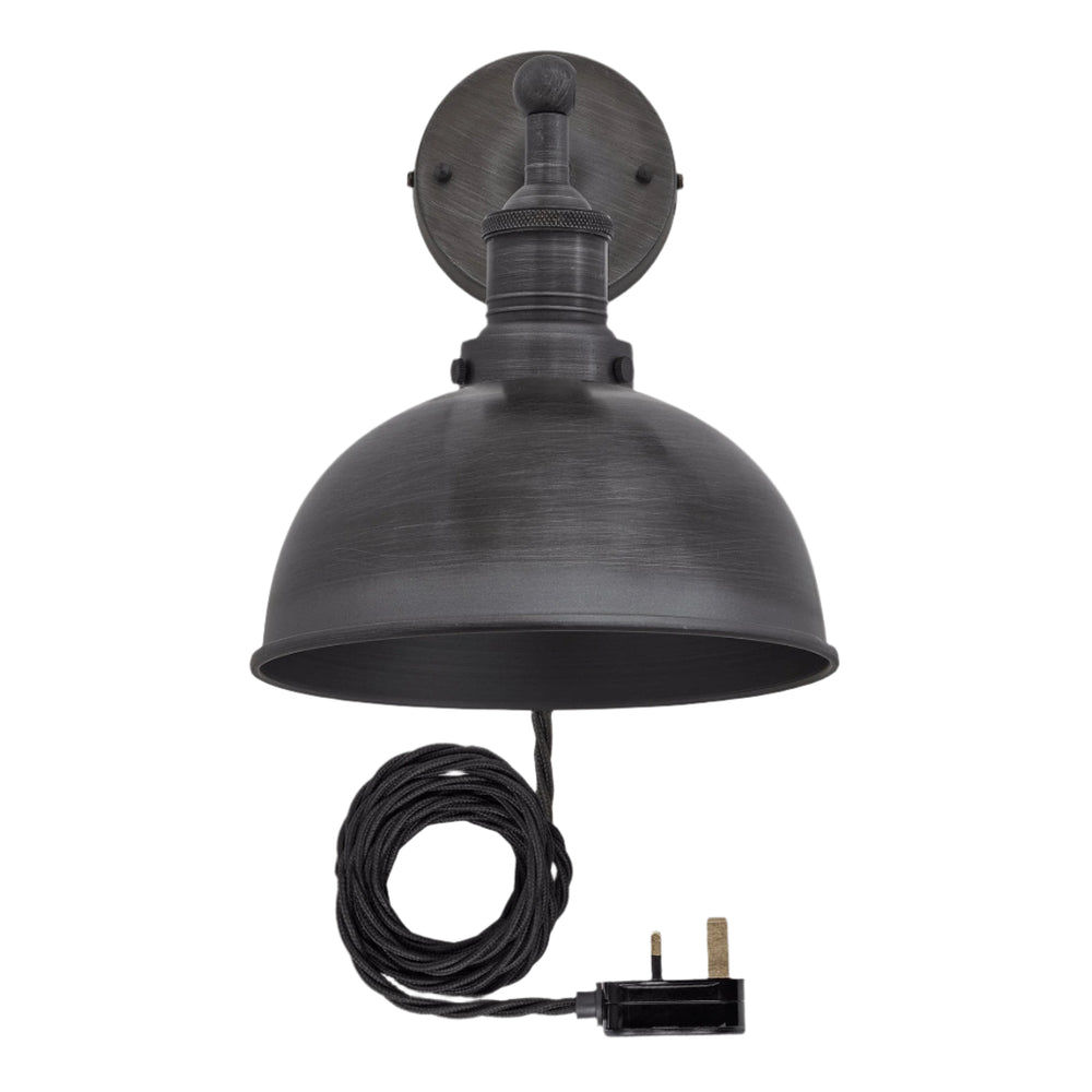 Pewter with Pewter Holder with Plug Brooklyn Dome Wall Light - 8 Inch - Industville BR-DWL8-P-PH-FLWP