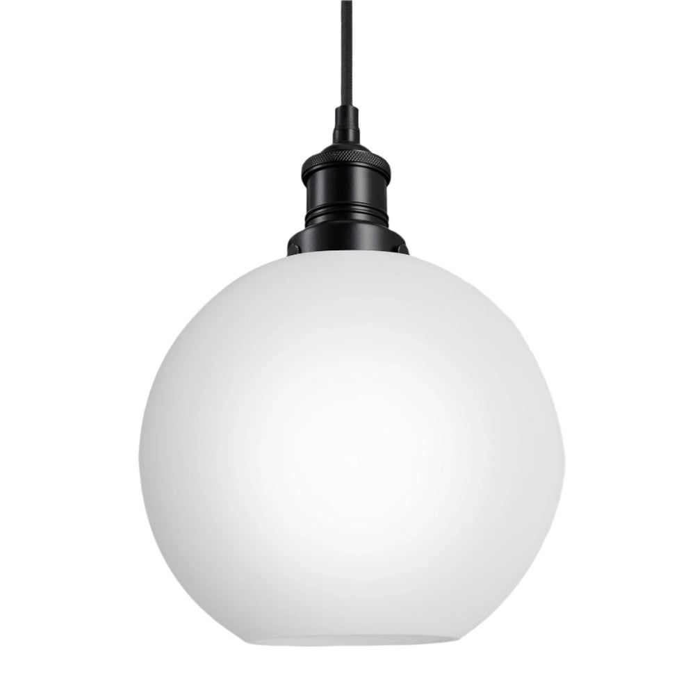 Brooklyn Opal Glass Globe Pendant Light in 9 Inch with Black Holder, Product Code BR-OGL-GLP9-W-BKH
