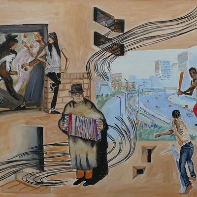 Accordion Player at Aspen Way - Independent Artwork - Industville Lighting UK