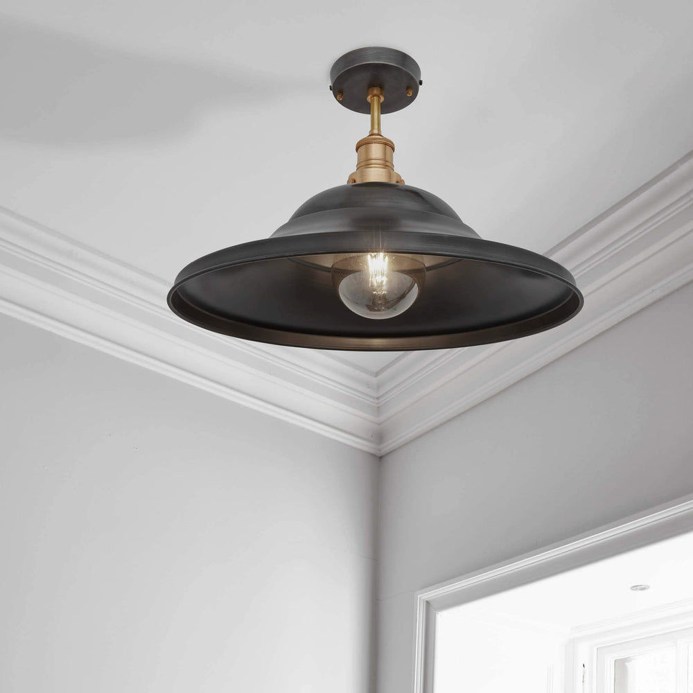 Brooklyn Giant Hat Semi Flush Mount Shade in 21 Inch in Pewter with Brass Holder, Product Code BR-GHFM21-P-BH