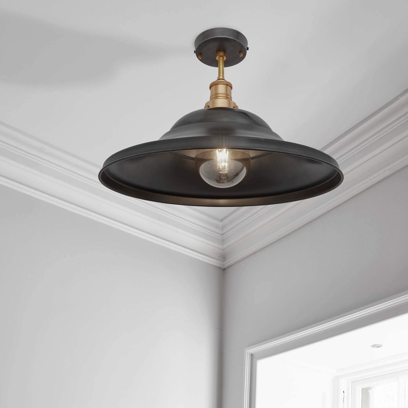 Brooklyn Giant Hat Semi Flush Mount Shade in 21 Inch in Pewter with Brass Holder, Product Code BR-GHFM21-P-BH