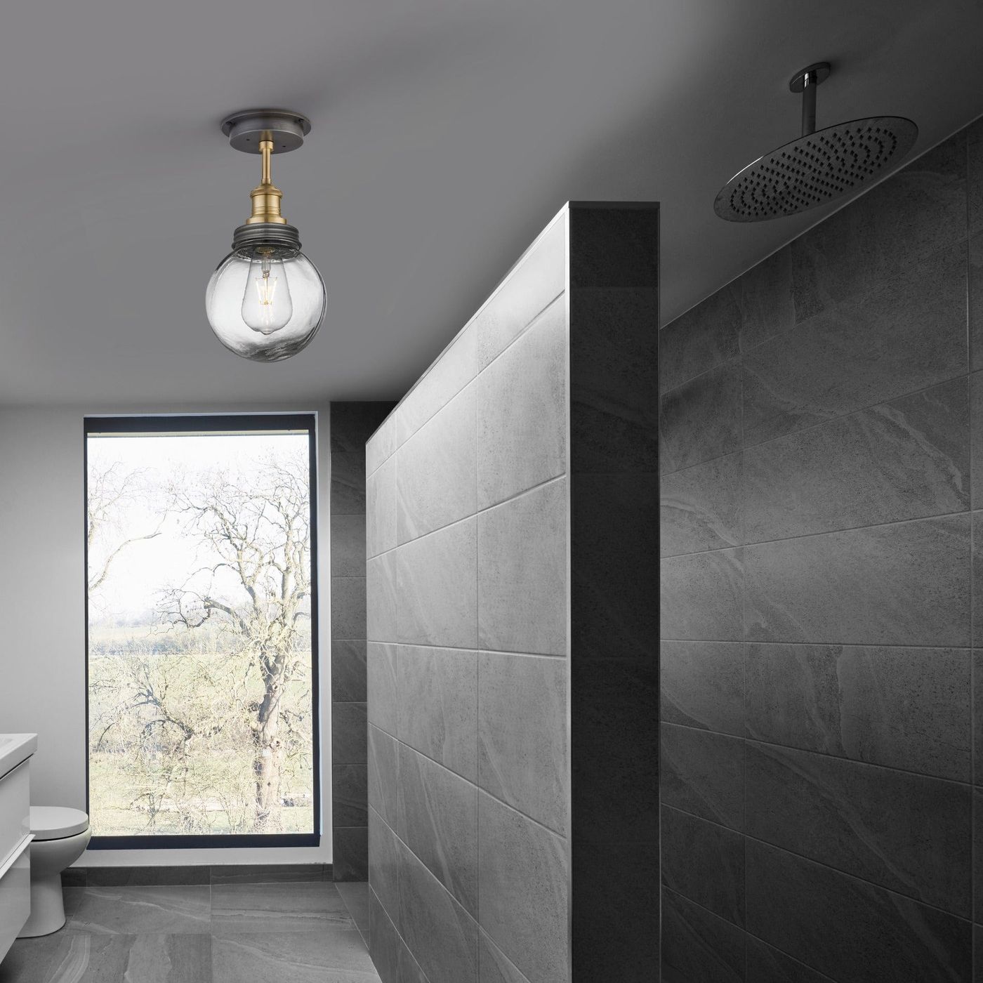 Brass Holder with Pewter Ring Brooklyn Outdoor & Bathroom Globe Semi Flush Mount BR-IP65-FM-BH-PR-GLG