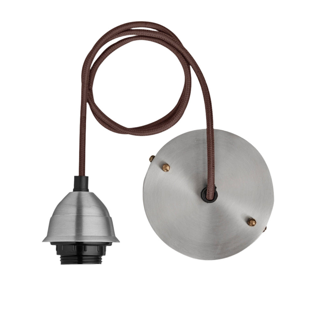 Old Factory Cord Set ES E27 Small Bulb Holder - Brown Flex - Light Pewter Holder Industville OF-SCS-BR-LP