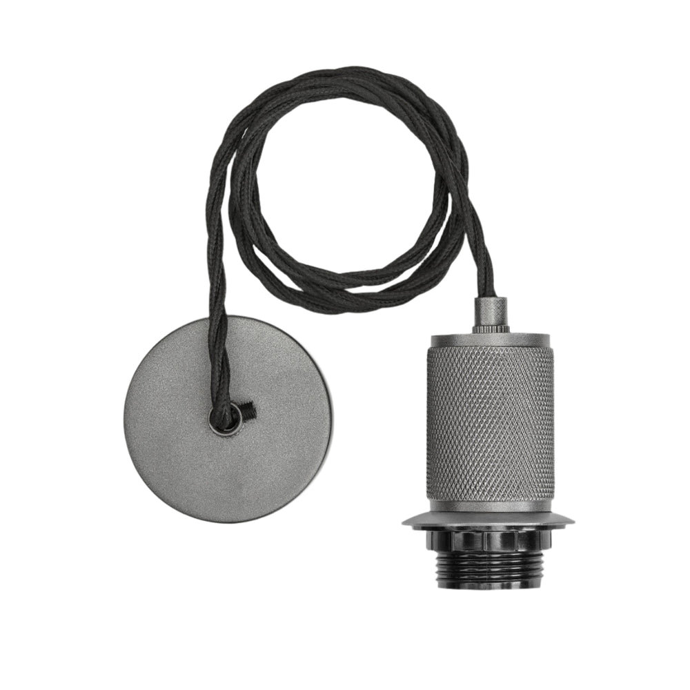 Knurled Edison Cord Set ES E27 Bulb Holder - Pewter Ring & Fabric Flex Industville KN-ECS-P