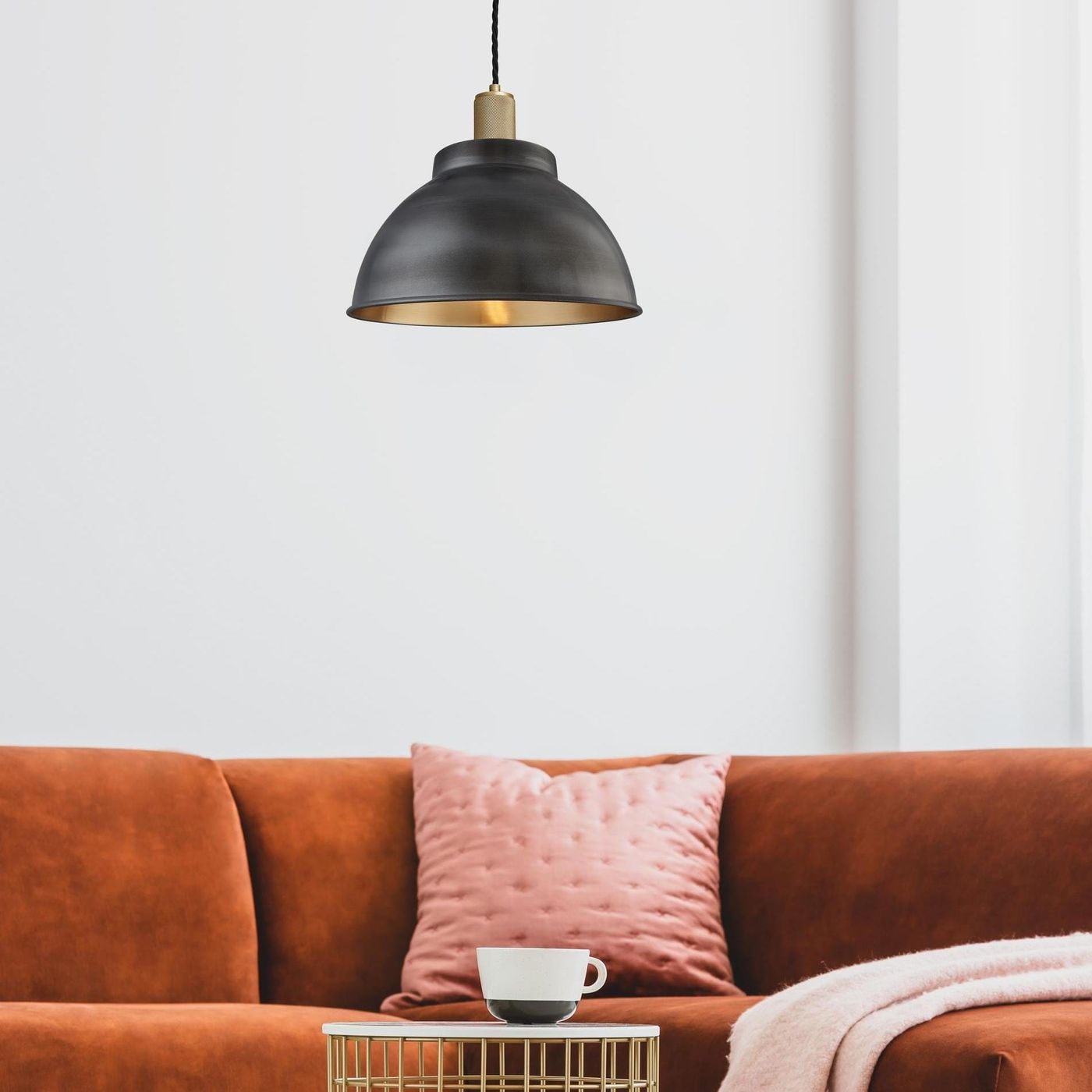Pewter & Brass with Brass Holder Knurled Dome Pendant - 13 Inch -  Industville KN-DP13-BP-BH