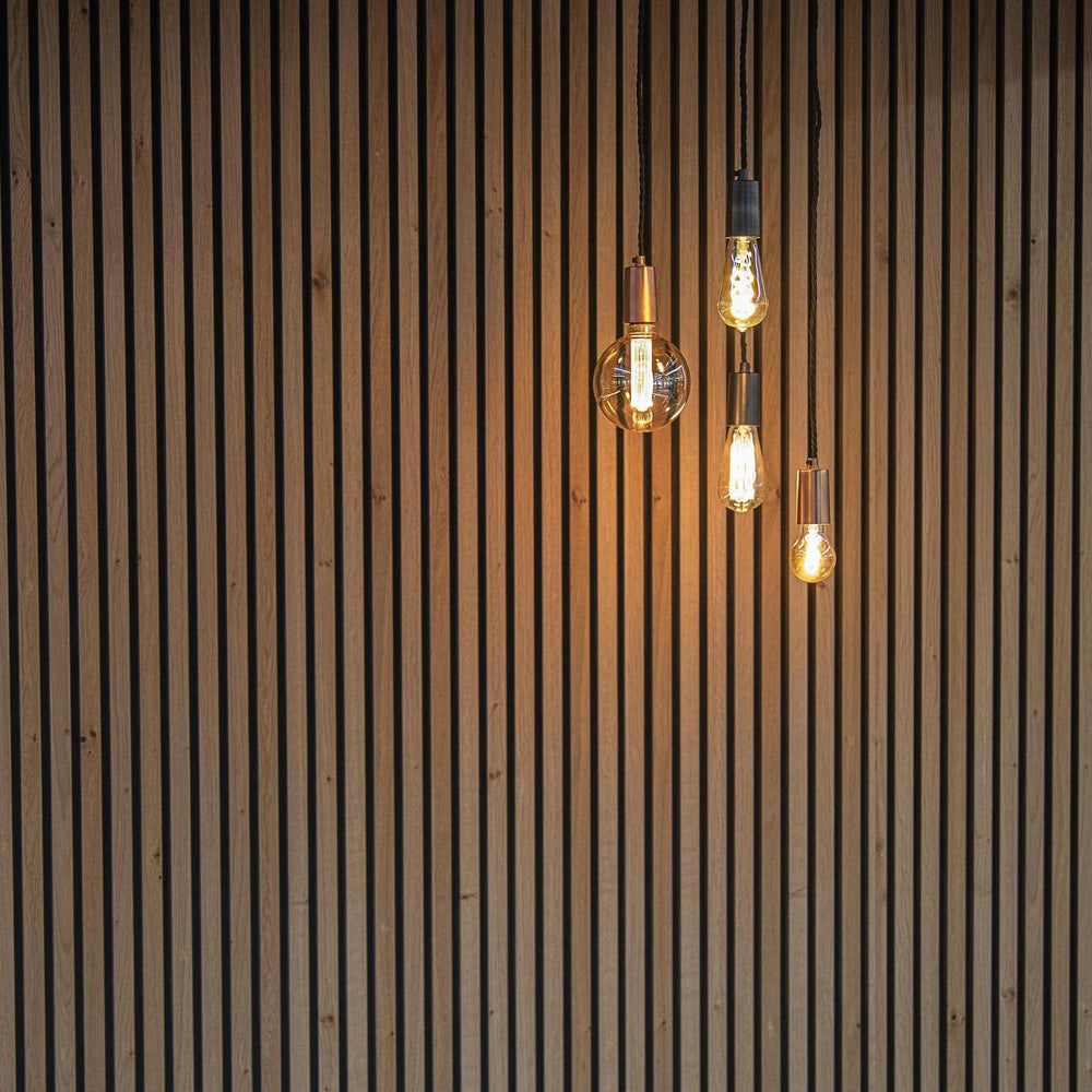 Copper and Pewter Sleek Edison Pendant Light with Bulbs displayed together 