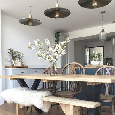 Pewter Sleek Flat Pendant in 15 Inch with Brass Holder, Product code is SL-FP15-P-BH