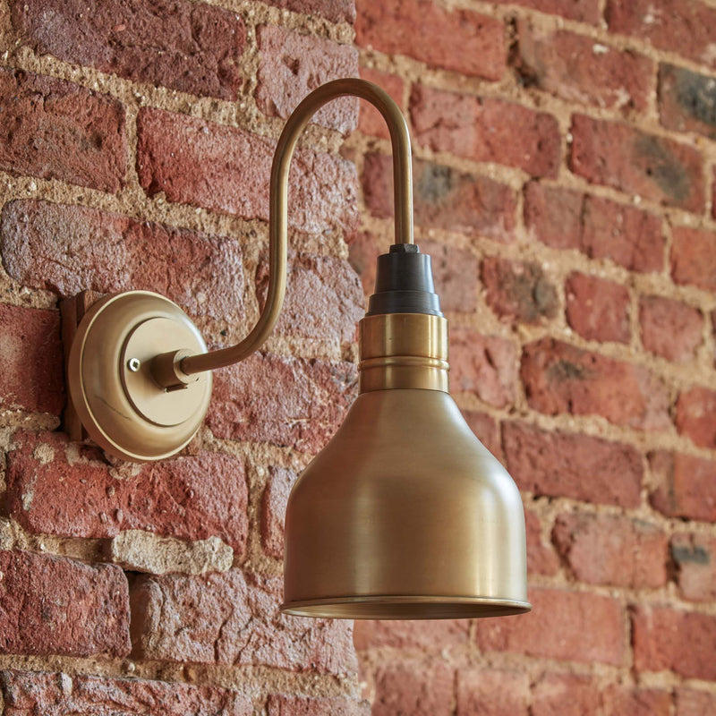 Brass Swan Neck Cone Wall Light in 7 Inch with Brass Holder, Product Code is SN-CWL7-B-BH