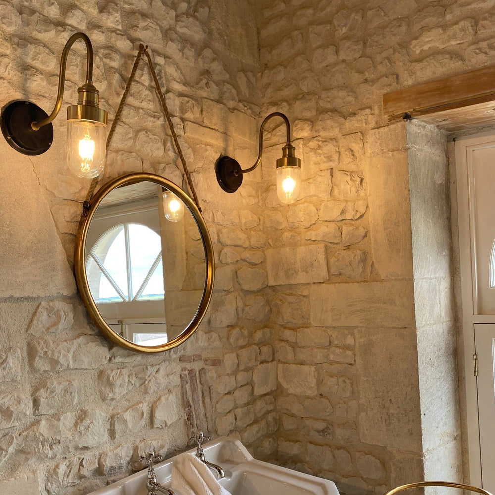 Brass Swan Neck Outdoor and Bathroom Wall Light with Tube Glass, Product Code is SN-IP65-WL-B