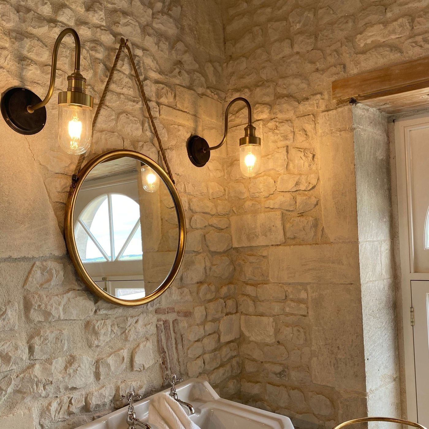 Brass Swan Neck Outdoor and Bathroom Wall Light with Tube Glass, Product Code is SN-IP65-WL-B