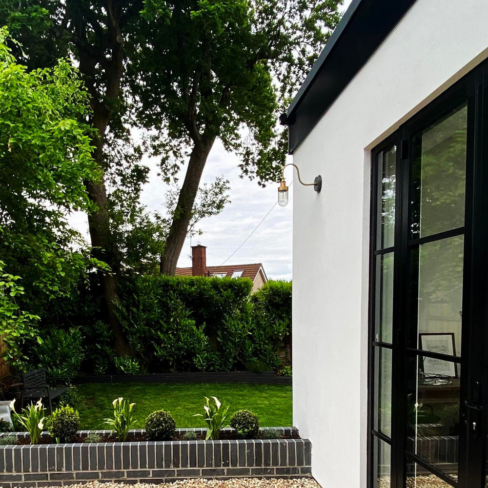 Brass Swan Neck Outdoor and Bathroom Wall Light with Tube Glass, Product Code is SN-IP65-WL-B