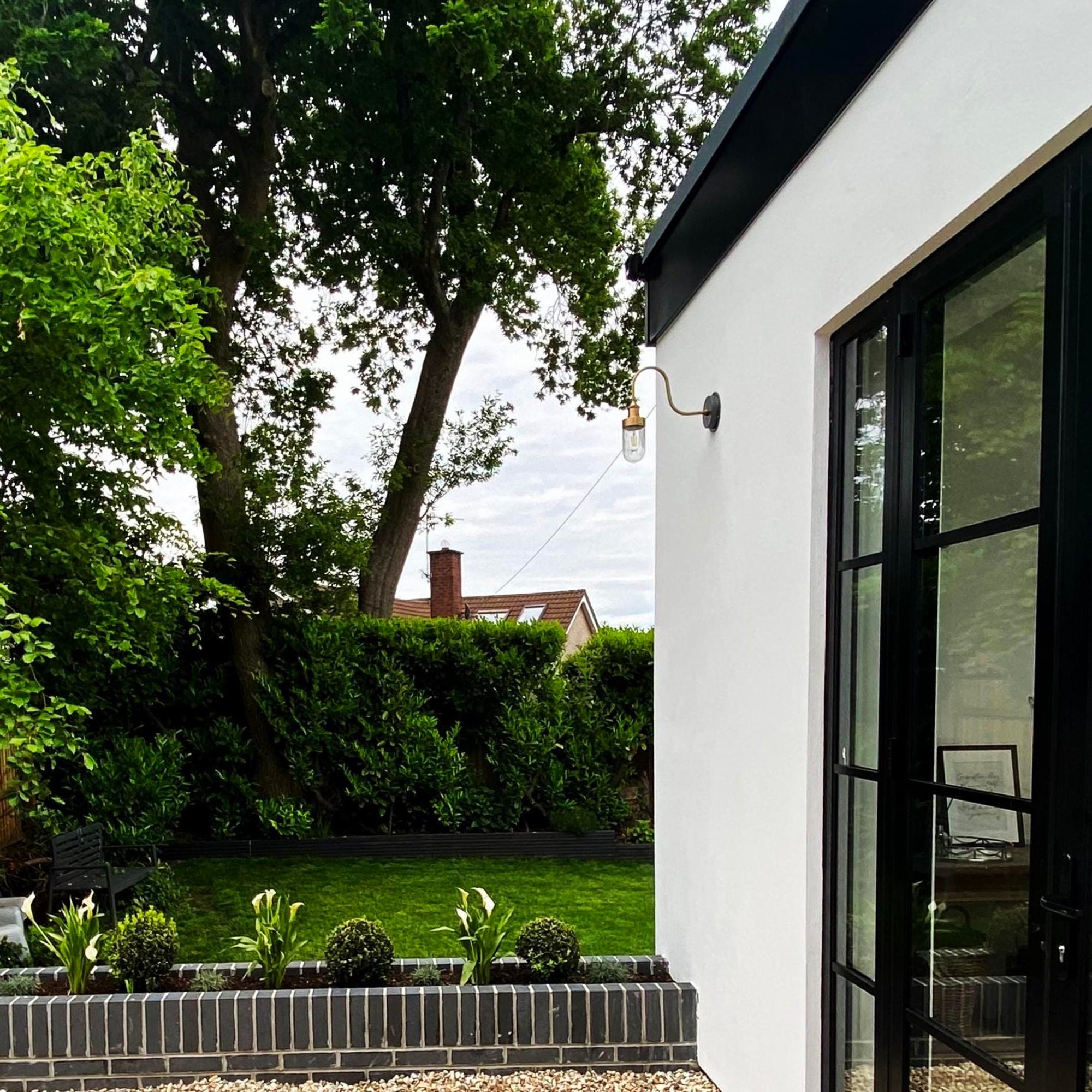 Brass Swan Neck Outdoor and Bathroom Wall Light with Tube Glass, Product Code is SN-IP65-WL-B