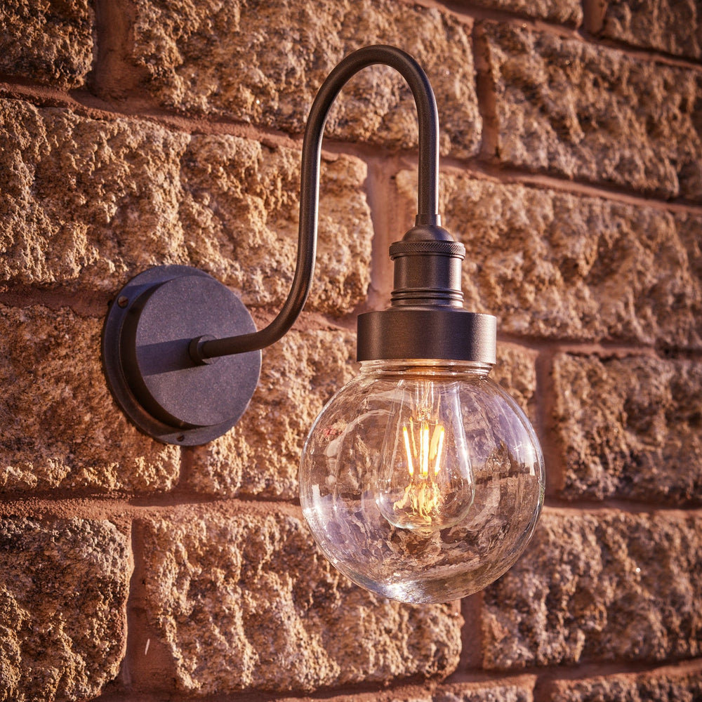 Pewter Swan Neck Outdoor and Bathroom Wall Light with Globe Glass, Product Code is SN-IP65-WL-P-GLG