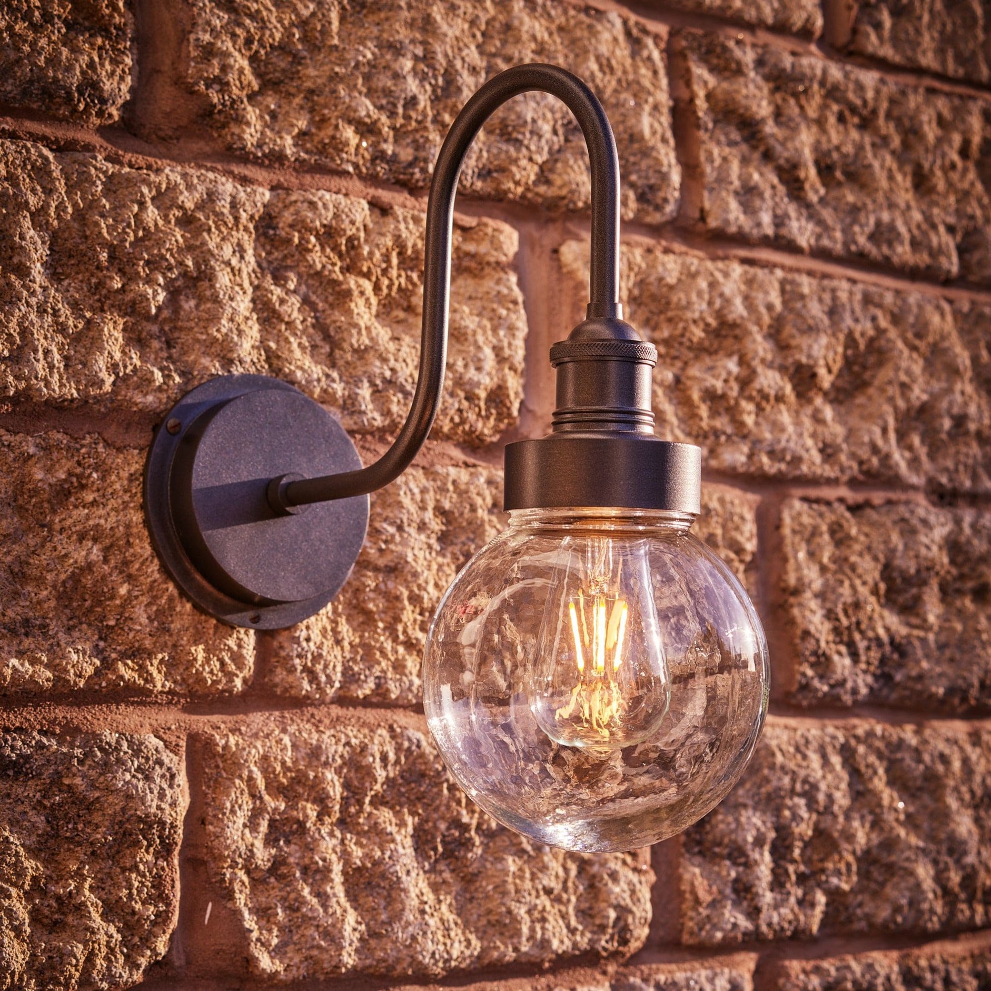 Pewter Swan Neck Outdoor and Bathroom Wall Light with Globe Glass, Product Code is SN-IP65-WL-P-GLG