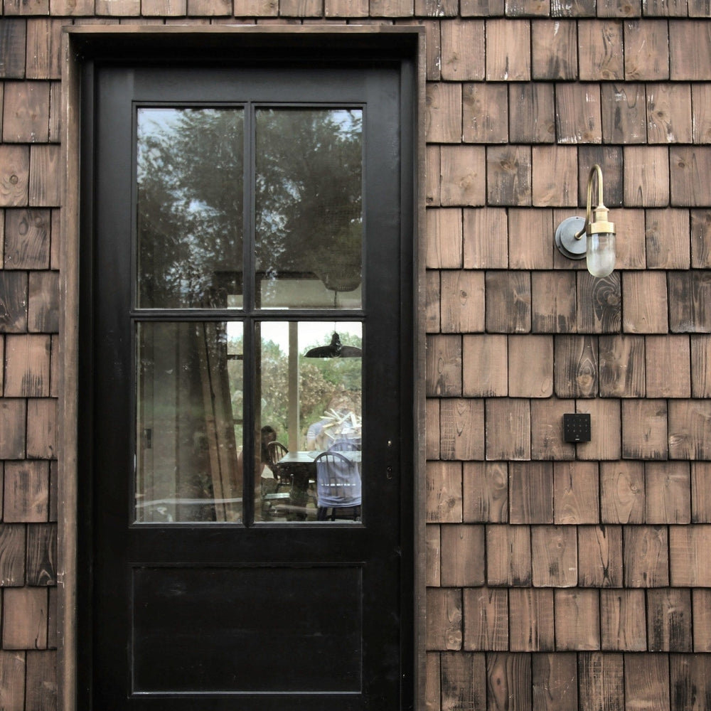 Brass Swan Neck Outdoor and Bathroom Wall Light with Tube Glass, Product Code is SN-IP65-WL-B