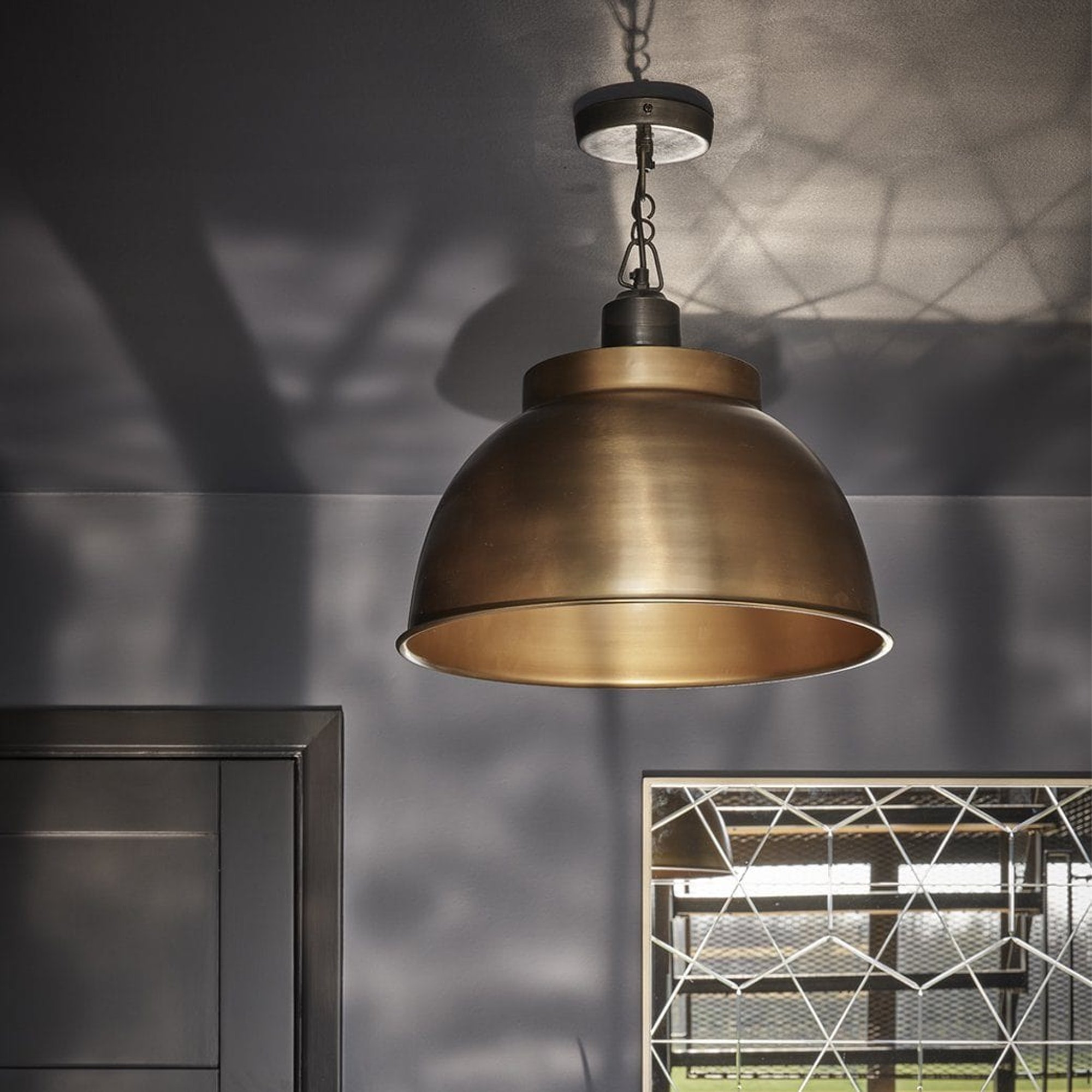 Brass with Pewter Holder and Chain Brooklyn Dome Pendant - 17 Inch - Industville BR-DP17-B-PCN